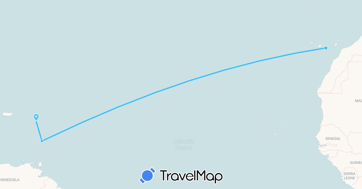 TravelMap itinerary: driving, boat in Antigua and Barbuda, Spain, Saint Lucia (Europe, North America)